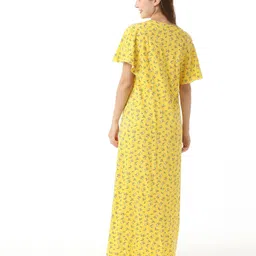 Bella Mama Cotton Half Sleeves Floral Print Nursing & Maternity Nighty with Concealed Zipper - Yellow image 4