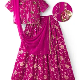 EARTHY TOUCH Velvel Woven Half Sleeves Choli Lehenga & Dupatta Set with Floral Sequin Embroidery & Foil Print - Dark Pink image 4