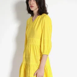 RAREISM Yellow Blended Solid Three-Quarter Sleeves Dress image 4