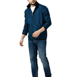 Zeel Navy Blue Polyester Solid Relaxed fit Windbreaker Jacket-image-0