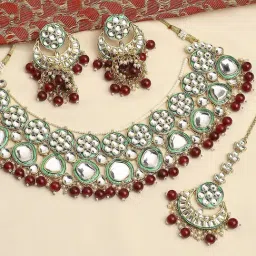OOMPH Green Meenakari & Kundan Jadau Necklace Set with Earrings & Maangtikka - Bridal & Wedding-picture-36