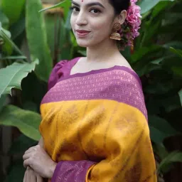 Satrani Yellow & Purple Woven Saree With Unstitched Blouse image 4