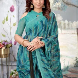 Satrani Blue Printed Saree With Unstitched Blouse image 4