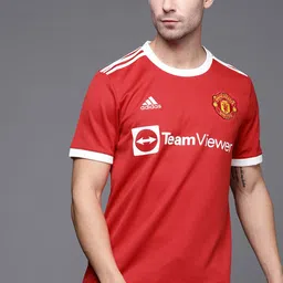 ADIDAS Men Red & White Printed Football Manchester United 21/22 MUFC A JSY Sustainable Jersey Sustainable T-shirt image 4