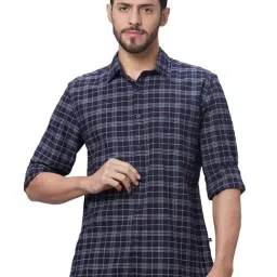 Parx Dark Blue Cotton Slim Fit Checks Shirt-image-11