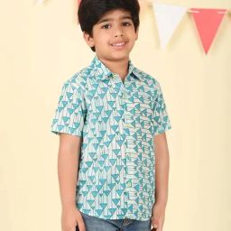 Fabindia Kids Blue Cotton Regular Fit Printed Shirt-picture-21