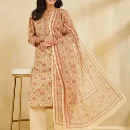 Fabindia Yellow Cotton Regular Fit Floral Print Kurtas With Dupatta image 4