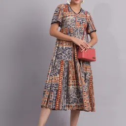 DECKEDUP Beige Printed Midi Dress image 4