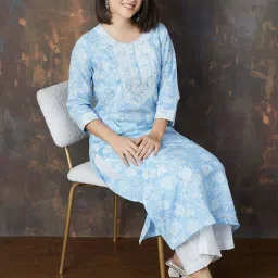 Melange By Lifestyle Blue Cotton Regular Fit Floral Print Kurtas image 4