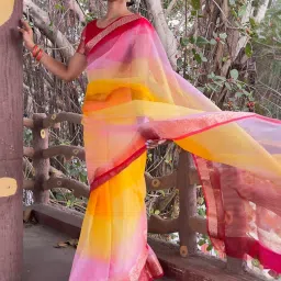 Satrani Yellow & Pink Woven Saree With Unstitched Blouse image 4