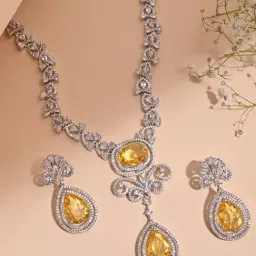 Fida Silver Yellow Luxurious Oval American Diamond Party Jewellery Set-image-35