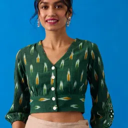 Okhai Green Verdine Hand-Embroidered Mirrorwork Pure Cotton Ikkat Green Top-picture-31