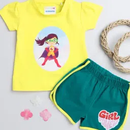 Bumzee Kids Yellow & Green Printed T-Shirt with Shorts-image-23
