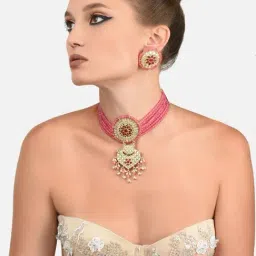 Zaveri Pearls Pink Multistrand Beaded Kundan Choker Necklace & Earring Set-ZPFK11550-picture-27