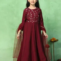 Fashion Dream Kids Brown Embroidered Fit & Flare Dress With Dupatta image 3
