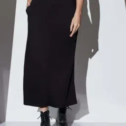 Globus Women Black Mid-Rise Solid Side Slit Straight Midi Denim Skirt-picture-24