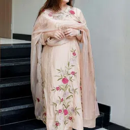 KALINI Women Floral Embroidered Panelled Thread Work Chanderi Silk Kurta with Trousers & With Dupatta image 2