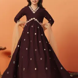 Fashion Dream Kids Brown Embroidered Fit & Flare Dress With Dupatta-picture-11