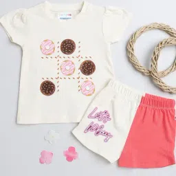 Bumzee Kids Cream & Coral Printed T-Shirt with Shorts-image-69