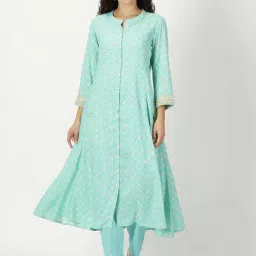 Saffron Threads Sea Green Floral Print A Line Kurta-image-23