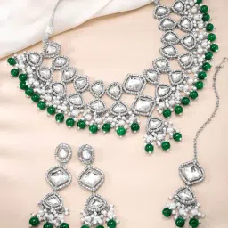 Peora Silver Plated Green Kundan Necklace Earrings Maangtikka Set-picture-33