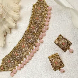 Priyaasi Gold-Plated Stones Studded Floral Patterned Choker Set with Beads Drop in Pink Color-image-80