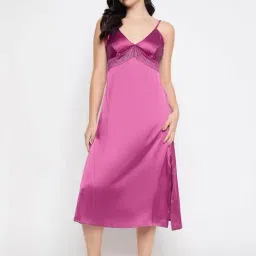 Clovia Pink Satin Solid Long Night Dress-image-18