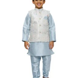 Pro-Ethic Style Developer Kids Blue & Grey Floral Full Sleeves Kurta, Waistcoat with Pyjamas-picture-22