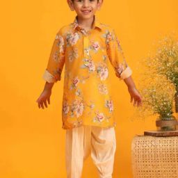 VASTRAMAY Boys Yellow Floral Full Sleeves Kurta Sets-picture-37