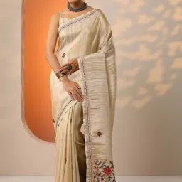 Libas Beige Regular Fit Embroidered Saree With Unstitched Blouse-image-36