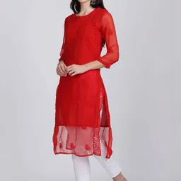 KHAKA Women Ethnic Motifs Embroidered Regular Chikankari Kurta with Trousers-picture-21
