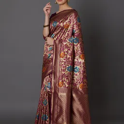 Mitera Purple & Gold-Coloured Silk Blend Woven Design Kanjeevaram Saree image 2