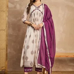 CHETI Women Ethnic Motifs Printed Thread Work Anarkali Kurta with Trousers & Dupatta-picture-19