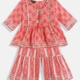 READIPRINT Three Fourth Sleeves Lace Embellished Floral Motif Printed Angrakha Style  Kurta With Sharara - Red-picture-13
