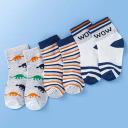 Doodle Poodle Cotton Knit Ankle Length Sockswith Dino & Stripes Design Pack of 3 - White & Grey-image-77