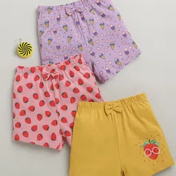 BUMZEE Cotton Knit Above Knee Length Ice Cream & Strawberry Printed Shorts With Bow Applique Pack of 3 - Yellow Pink & Lavender-image-101
