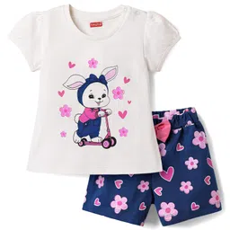 Babyhug Cotton Knit Half Sleeves Shorts Night Suit with Bunny Hearts & Floral Print - White & Navy Blue-picture-28