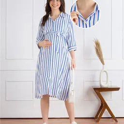 Bella Mama Woven Three Fourth Sleeves Maternity Shirt Dress With Stripes - Blue & White-picture-16
