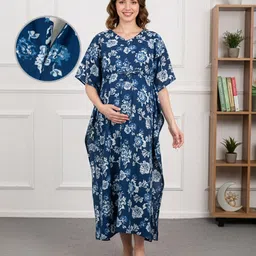Bella Mama Cotton Woven Half Sleeves Maternity Kaftan Nighty with Floral Print - Blue-picture-25