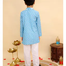 AJ Dezines Cotton Woven Full Sleeves Chevron Printed Gota Lace Embellished Kurta Pyjama Set - Blue image 3