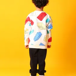 Anthrilo Fleece Knit Full Sleeves Blocks Printed Sweatshirt With Joggers - Off White & Black image 3