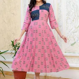 HERE&NOW Printed Round Neck A-Line Knee Length Ethnic Dresses image 3