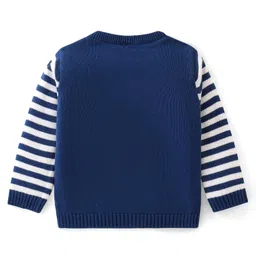 Babyhug Knitted Full Sleeves Striped Sweater Set with Cap & Zebra Patch - Royal Blue image 3