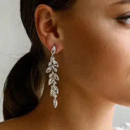 Peora Silver Plated Cubic Zirconia Studded Floral Drop Earrings image 5