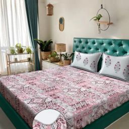 Klotthe Red Cotton Printed 400 TC King Fitted Bedsheet with 2 Pillow Covers-picture-30