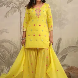 SCAKHI Yellow Cotton Embroidered Kurti Sharara Set With Dupatta image 4