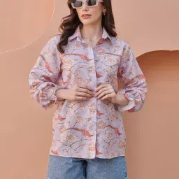 Pasha India Heather Purple Floral Smocked Relaxed Fit Shirt-picture-25