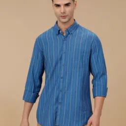 Linen Club Blue Linen Blend Slim fit Stripes casual shirts-image-20