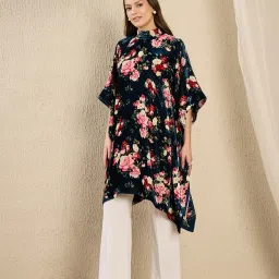 First Resort By Ramola Bachchan Blue And Red Crystal Studded Floral Relaxed Fit Kaftan Top image 4