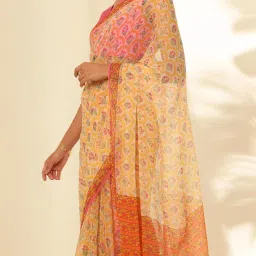Taneira Yellow Floral Print Saree With Unstitched Blouse image 4